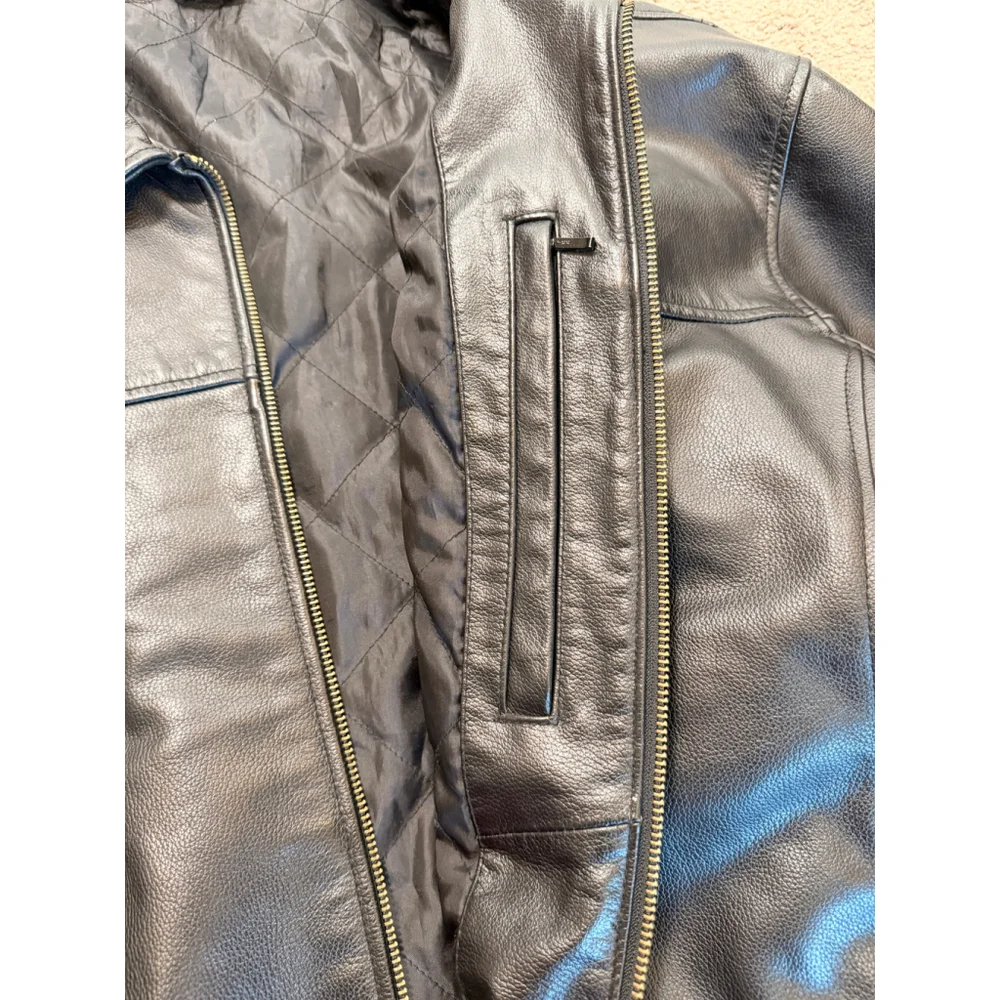 Mens Cambridge Classics Black Leather Bomber Zip-Up Moto 2X Style Edgy Retro Y2K